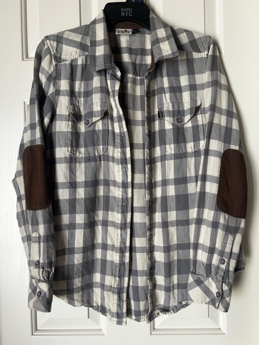 Kavu Gray and White Plaid Shirt with Red Logo Accent